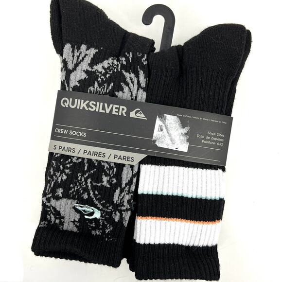 Quicksilver NWT 5 Pairs Crew Socks Shoe Size 6-12 Multipack Black - Picture 1 of 5